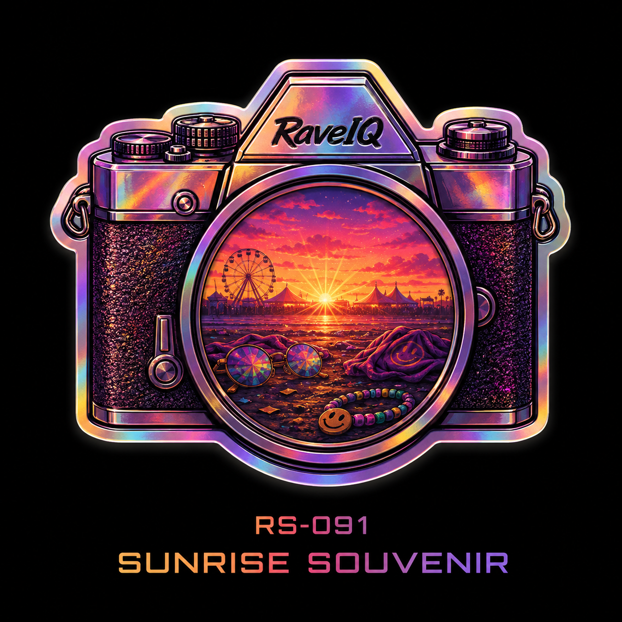 RAVE IQ sticker: Sunrise Souvenir. A camera whose lens shows a festival ground at sunrise.
