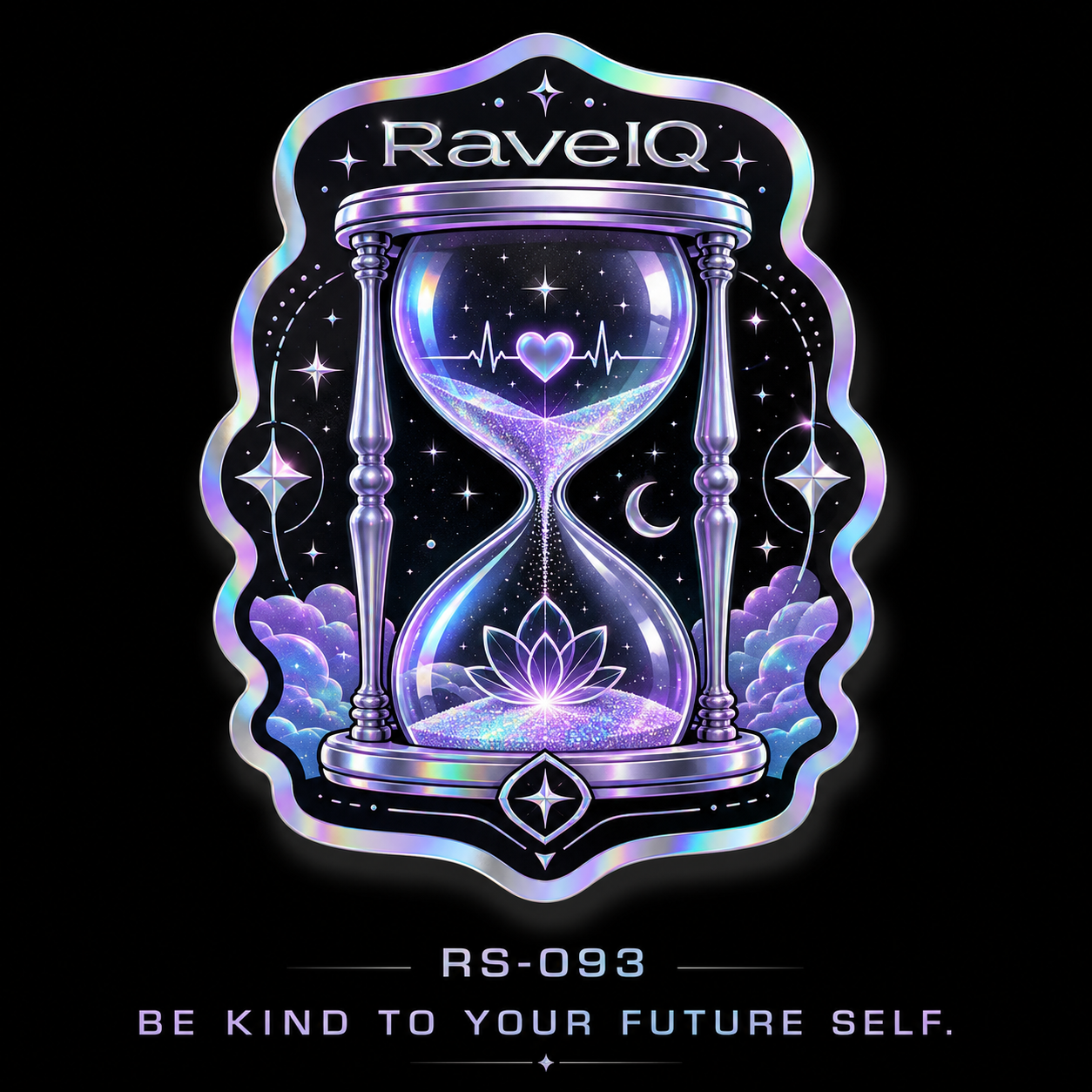 RAVE IQ sticker: Be kind to your future self. An hourglass with a heartbeat.