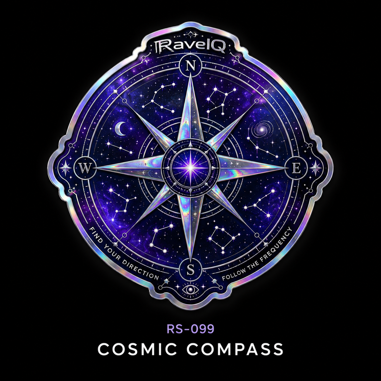RAVE IQ sticker: Cosmic Compass. Find your direction, follow the frequency.
