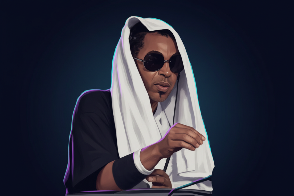 Editorial illustrated portrait of Moodymann